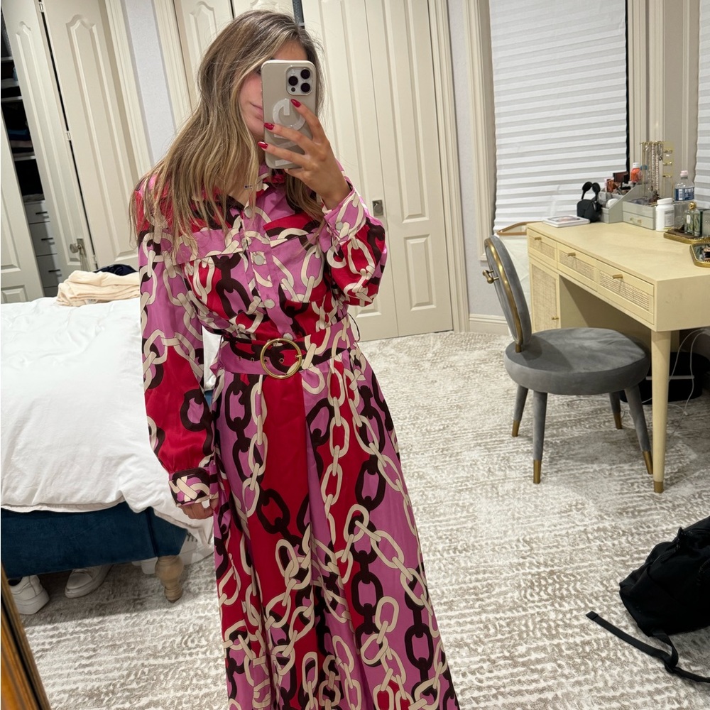 NWT Zara Pink and Red Fun Chain Print Button Down Satin Dress